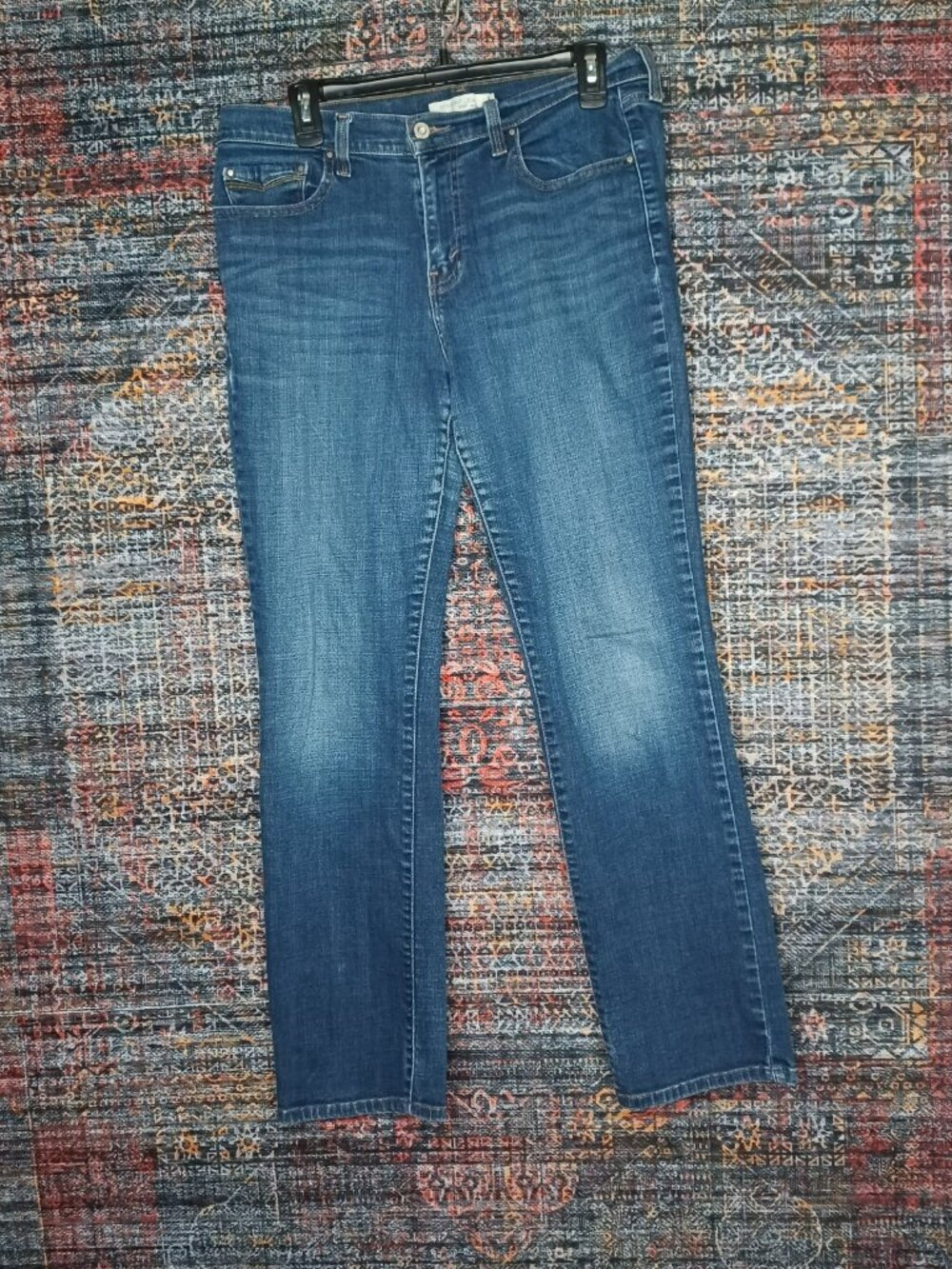 Levis womens dark distressed 505 straight faux flap stretch jeans 30x31